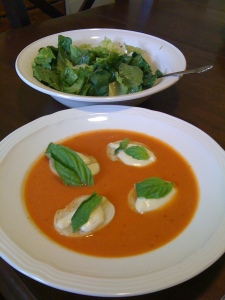 Tomato Soup with Mozzarella Croutons and Market Salad
